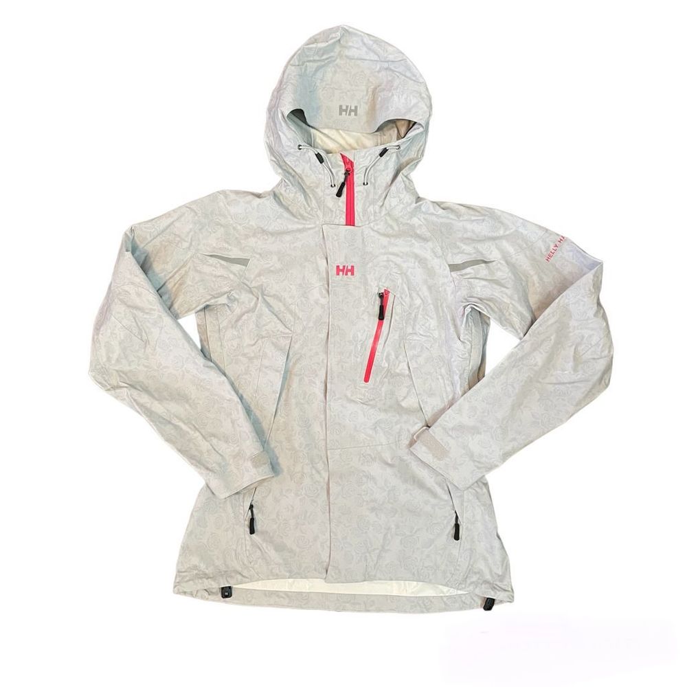 Helly Hansen Gray Rose Print Waterproof Wind Rain Hooded Jacket Women’s Size XS